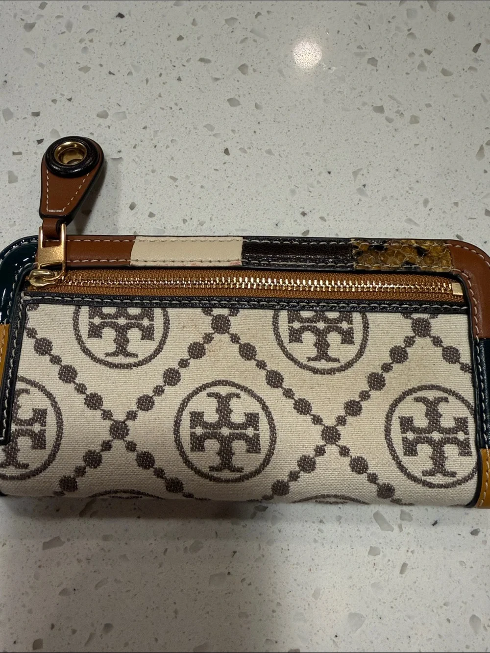 Tory Burch Monogram Beige Canvas Wallet with Brown and Mustard Trim
